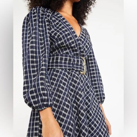TANYA TAYLOR Nicola Mini Dress Navy White Check Puff Sleeve Fit & Flare Belt NEW - Picture 5 of 9